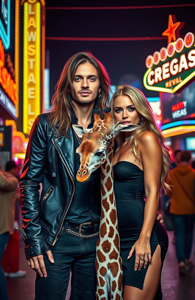 A vibrant and chaotic romantic scene set in Las Vegas, featuring a male rock star with long hair and a stylish leather jacket, exuding charisma and energy