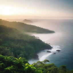 A high-quality, cinematic image capturing a serene sunrise over a foggy sea, with a lush jungle in the foreground, taken from an elevated viewpoint