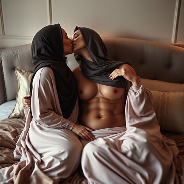 An intimate and sensual scene set in a softly lit bedroom, showcasing two women who are both wearing elegant hijabs and flowing abayas