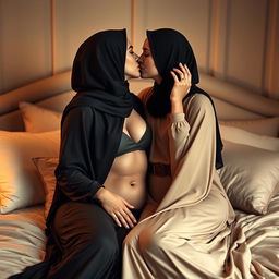 An intimate and sensual scene set in a softly lit bedroom, showcasing two women who are both wearing elegant hijabs and flowing abayas