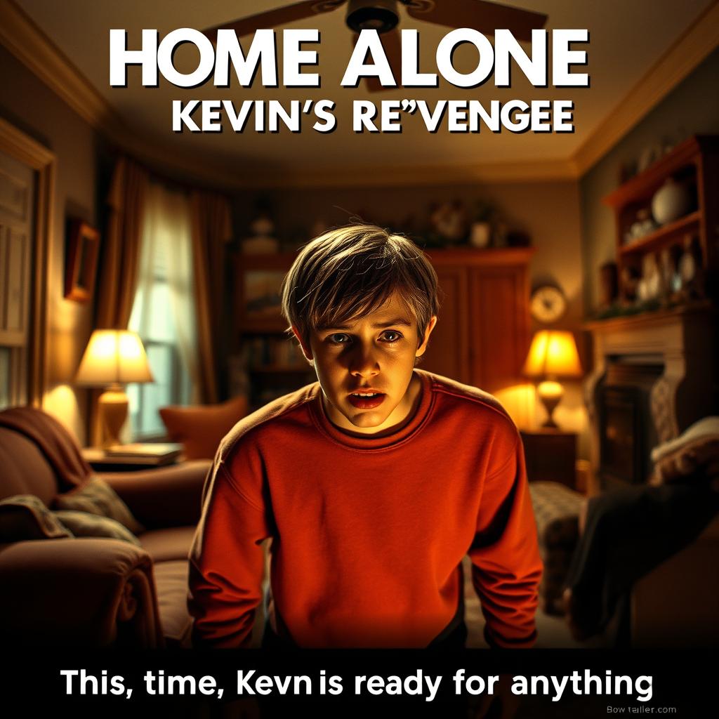 An intense and thrilling movie trailer scene for 'Home Alone 3 - Kevin's Revenge', taking place in a cozy yet chaotic suburban home