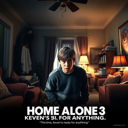 An intense and thrilling movie trailer scene for 'Home Alone 3 - Kevin's Revenge', taking place in a cozy yet chaotic suburban home