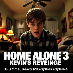 An intense and thrilling movie trailer scene for 'Home Alone 3 - Kevin's Revenge', taking place in a cozy yet chaotic suburban home