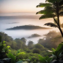 A high-quality, cinematic image capturing a serene sunrise over a foggy sea, with a lush jungle in the foreground, taken from an elevated viewpoint