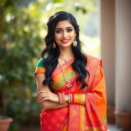 A beautiful Hindu woman dressed in traditional attire, featuring a vibrant saree adorned with intricate patterns and rich colors