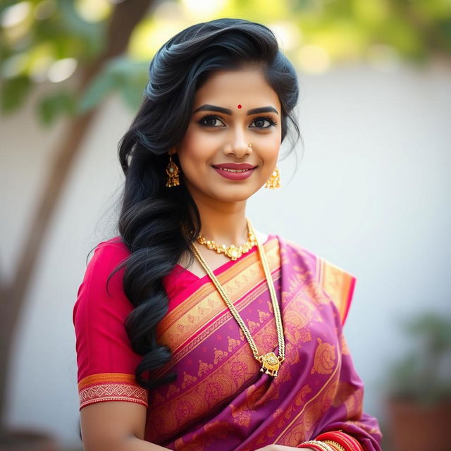 A beautiful Hindu woman dressed in traditional attire, featuring a vibrant saree adorned with intricate patterns and rich colors