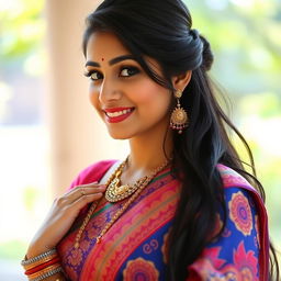 A beautiful Hindu woman dressed in traditional attire, featuring a vibrant saree adorned with intricate patterns and rich colors