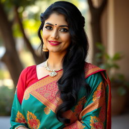 A beautiful Hindu woman dressed in traditional attire, featuring a vibrant saree adorned with intricate patterns and rich colors