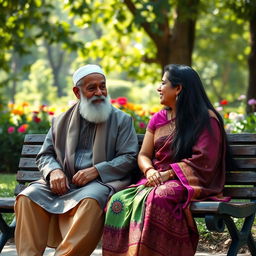 A serene scene depicting an elderly Muslim man and a Hindu woman sitting on a park bench, engaged in a thoughtful discussion