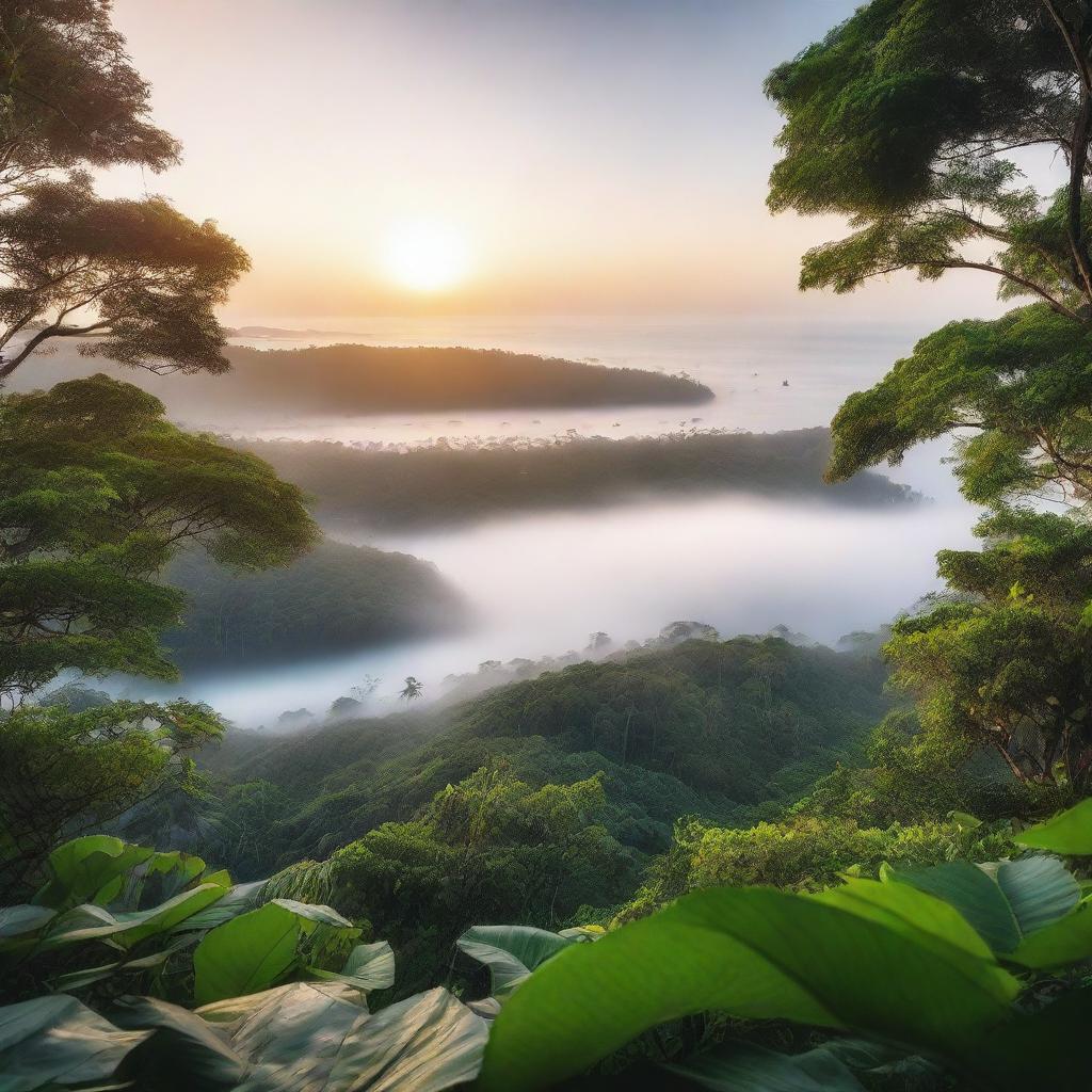 A high-quality, cinematic image capturing a serene sunrise over a foggy sea, with a lush jungle in the foreground, taken from an elevated viewpoint