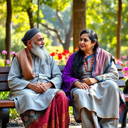 A serene scene depicting an elderly Muslim man and a Hindu woman sitting on a park bench, engaged in a thoughtful discussion