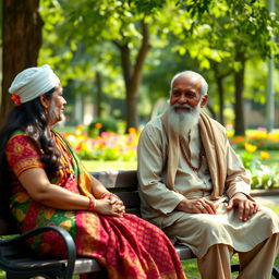 A serene scene depicting an elderly Muslim man and a Hindu woman sitting on a park bench, engaged in a thoughtful discussion