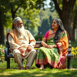 A serene scene depicting an elderly Muslim man and a Hindu woman sitting on a park bench, engaged in a thoughtful discussion