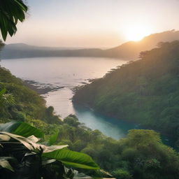 A high-quality, cinematic image capturing a serene sunrise over a foggy sea, with a lush jungle in the foreground, taken from an elevated viewpoint