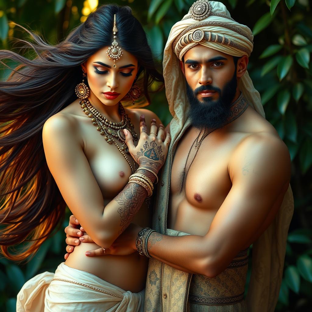 A serene and artistic representation of a nude Hindu woman and a Muslim man, embracing the beauty of cultural diversity and unity