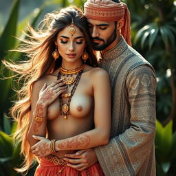 A serene and artistic representation of a nude Hindu woman and a Muslim man, embracing the beauty of cultural diversity and unity