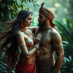 A serene and artistic representation of a nude Hindu woman and a Muslim man, embracing the beauty of cultural diversity and unity