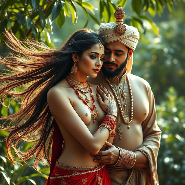 A serene and artistic representation of a nude Hindu woman and a Muslim man, embracing the beauty of cultural diversity and unity