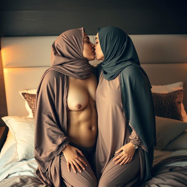 An intimate bedroom setting featuring two women adorned in elegant hijabs and flowing abayas, sharing a tender moment as they kiss passionately