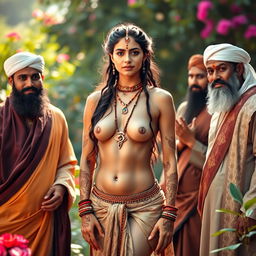 A nude Hindu woman confidently standing in a serene, harmonious environment surrounded by Muslim men, all displaying a sense of mutual respect and cultural appreciation