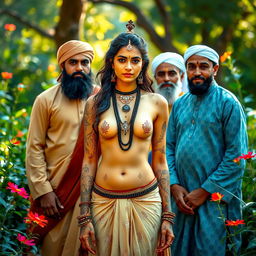 A nude Hindu woman confidently standing in a serene, harmonious environment surrounded by Muslim men, all displaying a sense of mutual respect and cultural appreciation