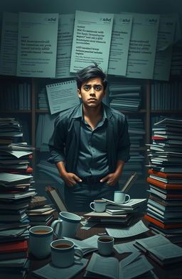 A dramatic and intense portrayal of the struggles associated with ADHD, focusing on the internal battles faced by an individual named Antonio