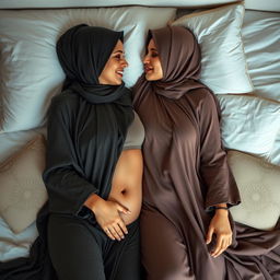 An intimate and romantic scene featuring two women in elegant hijabs and flowing abayas, embracing each other tenderly while lying in bed