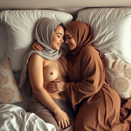 An intimate and romantic scene featuring two women in elegant hijabs and flowing abayas, embracing each other tenderly while lying in bed