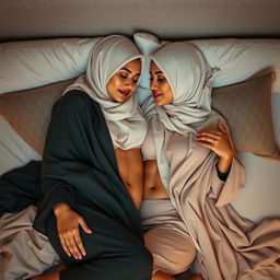 An intimate and romantic scene featuring two women in elegant hijabs and flowing abayas, embracing each other tenderly while lying in bed