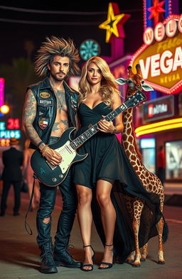 A whimsical scene set in Las Vegas featuring a tattooed British rock star with an electric guitar, exuding charisma and style