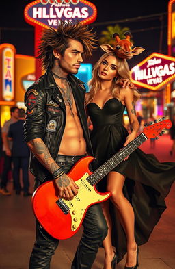 A whimsical scene set in Las Vegas featuring a tattooed British rock star with an electric guitar, exuding charisma and style