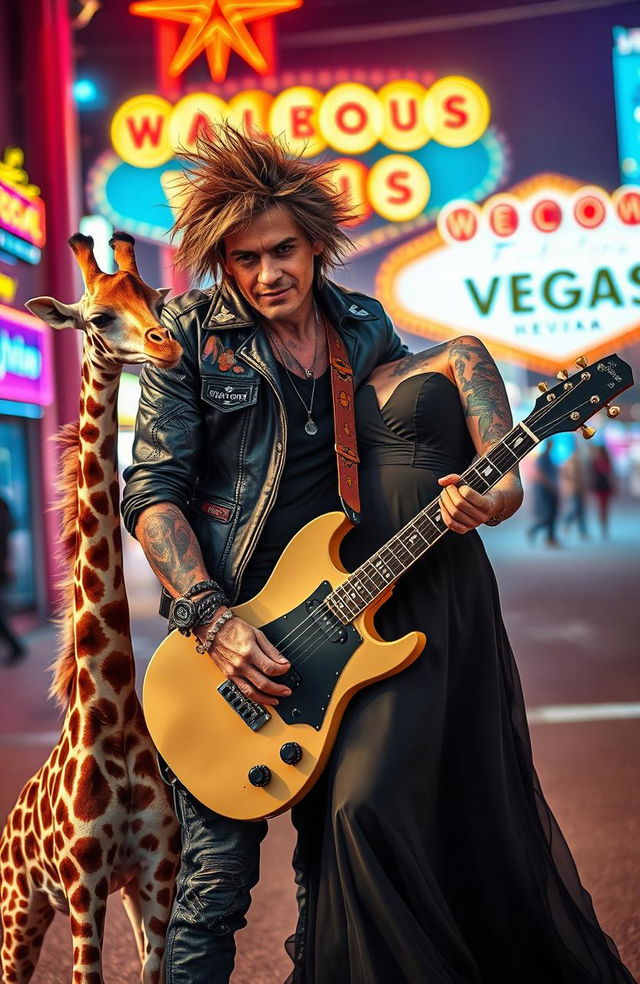 A whimsical scene set in Las Vegas featuring a tattooed British rock star with an electric guitar, exuding charisma and style