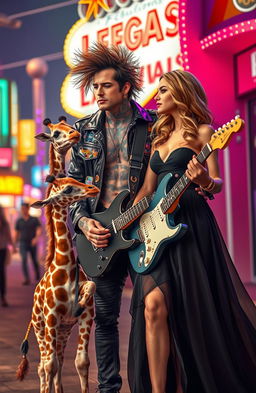 A whimsical scene set in Las Vegas featuring a tattooed British rock star with an electric guitar, exuding charisma and style