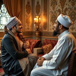 A sensual woman interacting closely with Muslim men in a respectful and culturally appropriate setting