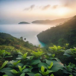 A high-quality, cinematic image capturing a serene sunrise over a foggy sea, with a lush jungle in the foreground, taken from an elevated viewpoint