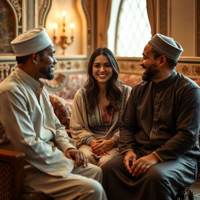 A sensual woman interacting closely with Muslim men in a respectful and culturally appropriate setting