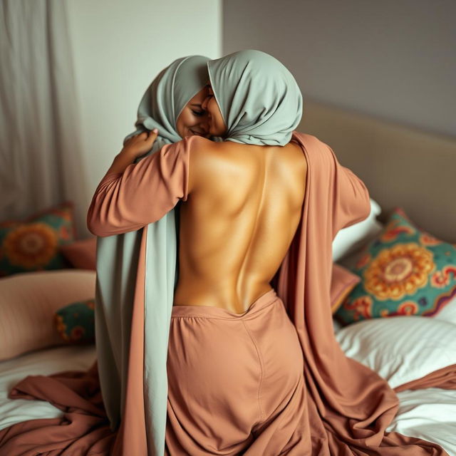 A cozy bedroom scene featuring two women wearing beautiful hijabs and flowing abayas, engaged in a tender hug that radiates warmth and love