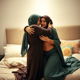 A cozy bedroom scene featuring two women wearing beautiful hijabs and flowing abayas, engaged in a tender hug that radiates warmth and love