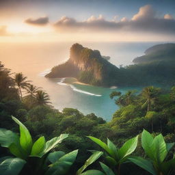 A high-quality, cinematic image capturing a serene sunrise over a foggy sea, with a lush jungle in the foreground, taken from an elevated viewpoint