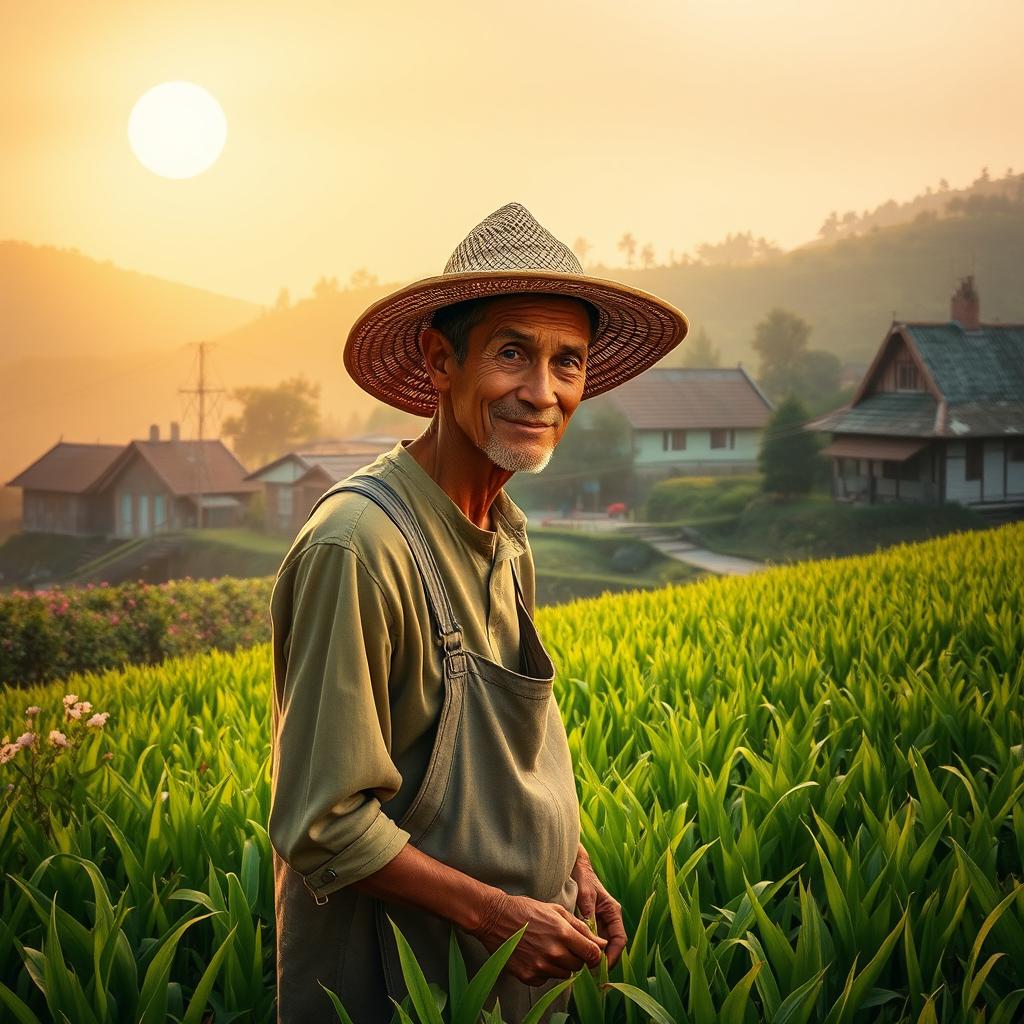 A serene village setting featuring a humble, hardworking farmer tending to his lush green fields under the soft glow of the morning sun