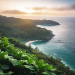 A high-quality, cinematic image capturing a serene sunrise over a foggy sea, with a lush jungle in the foreground, taken from an elevated viewpoint