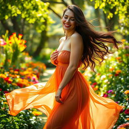 A sensual, enchanting woman with flowing long hair, wearing a beautiful flowing dress, radiating charm and elegance