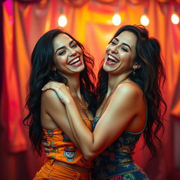 A striking artistic representation featuring two women in a playful and intimate moment, showcasing their confidence and connection