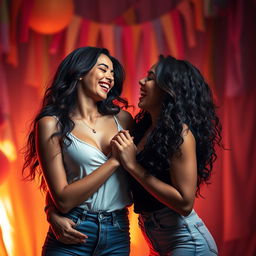 A striking artistic representation featuring two women in a playful and intimate moment, showcasing their confidence and connection