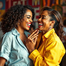 A striking artistic representation featuring two women in a playful and intimate moment, showcasing their confidence and connection