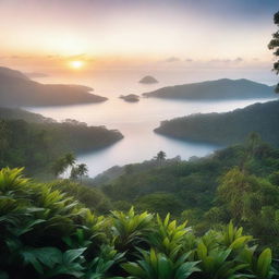 A high-quality, cinematic image capturing a serene sunrise over a foggy sea, with a lush jungle in the foreground, taken from an elevated viewpoint