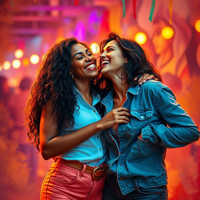 A striking artistic representation featuring two women in a playful and intimate moment, showcasing their confidence and connection