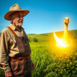 A farmer in a lush green field discovering a radiant golden goose near a bush