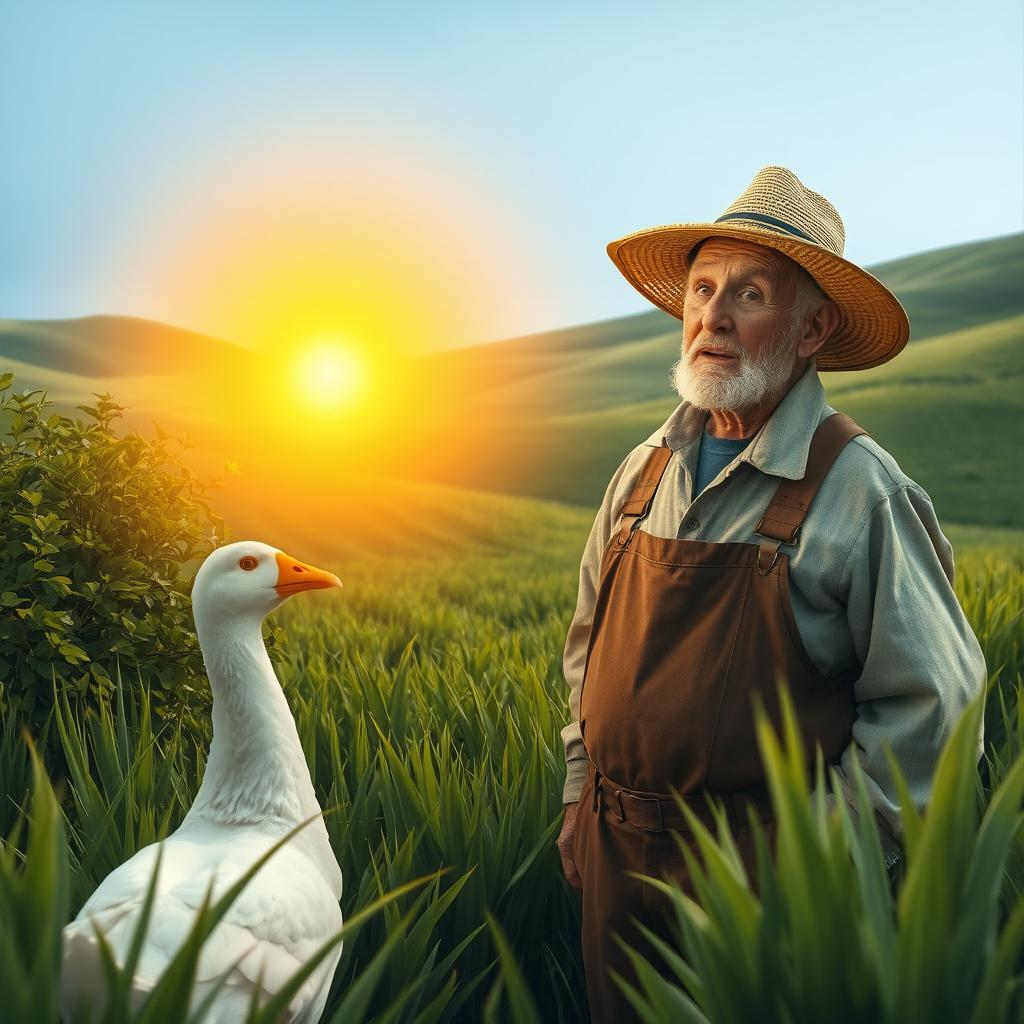 A farmer in a lush green field discovering a radiant golden goose near a bush