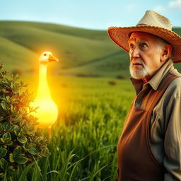 A farmer in a lush green field discovering a radiant golden goose near a bush